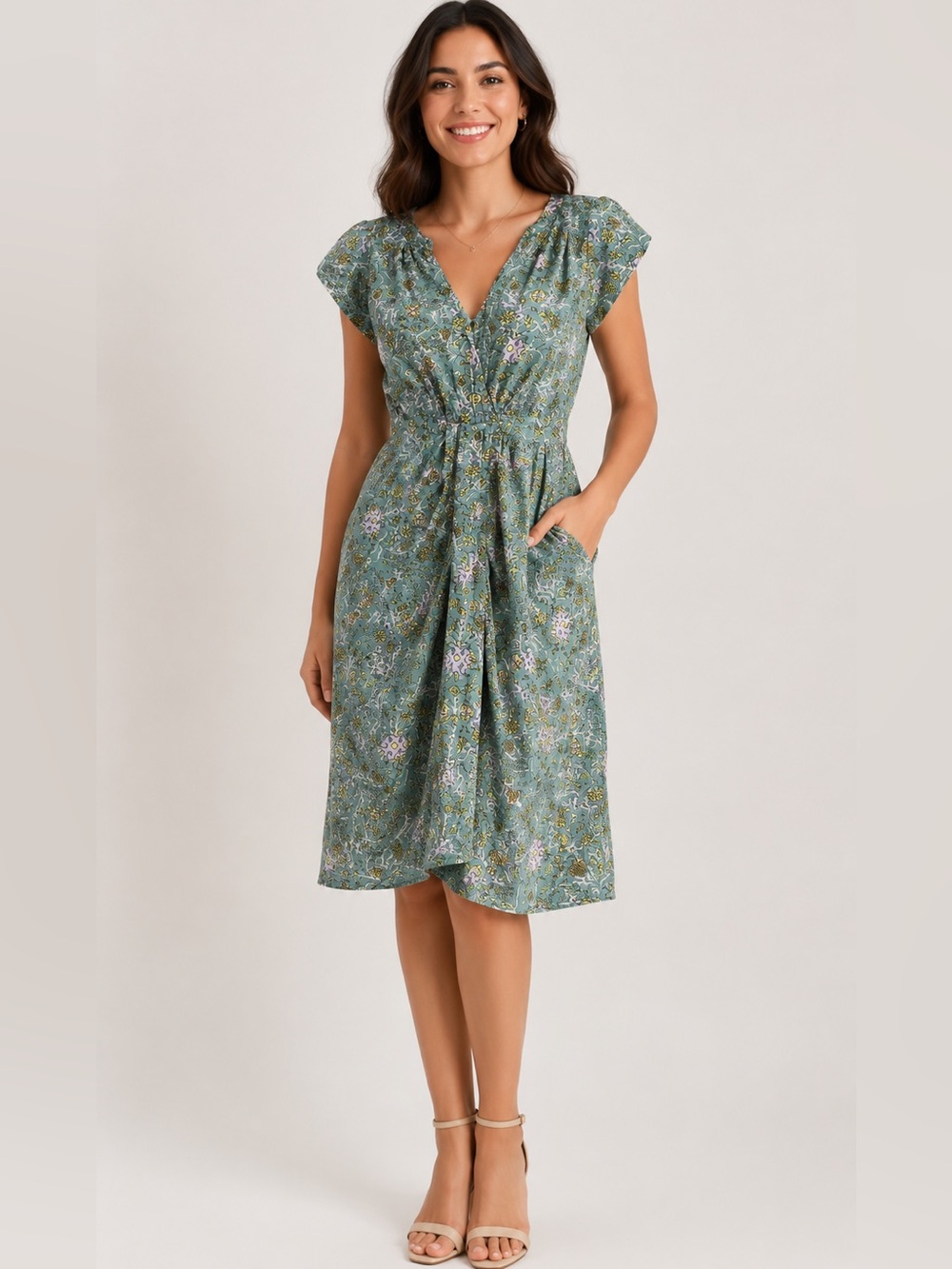 Maeve Anthropologie Floral Print Midi Dress | Sage Green V-Neck | Women’s Size S